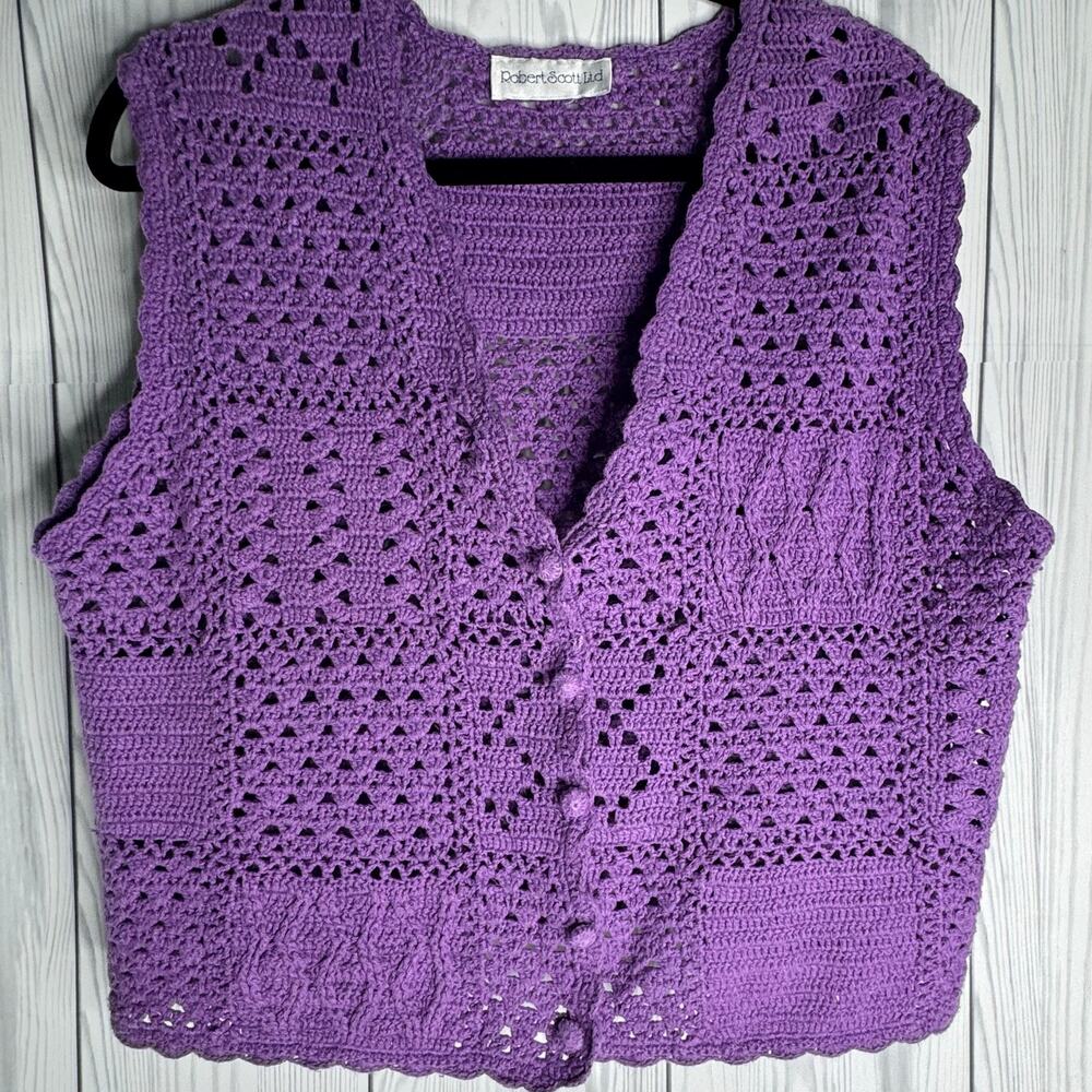 VTG Robert Scott Women's L Crochet Purple Cardigan Sweater Vest  Cottage Grandma